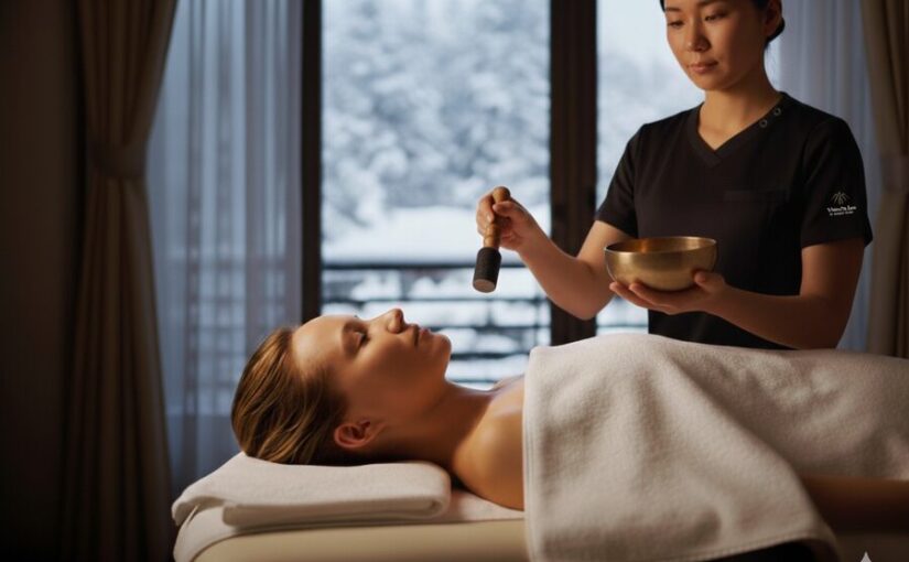 北海道ニセコの雪景色を背景に、シンギングボウルの音色で始まるロイヤル・フォーハンズの体験